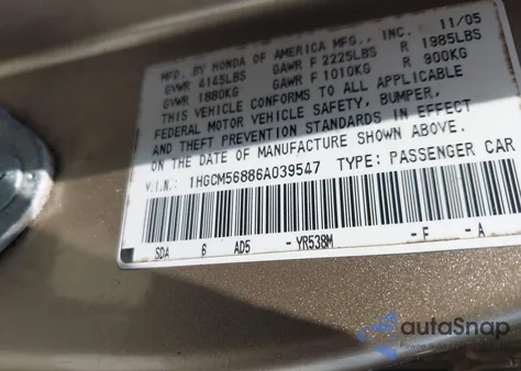 2006 Honda Accord 2.4 Ex from USA, damaged, VIN 1HGCM56886A039547